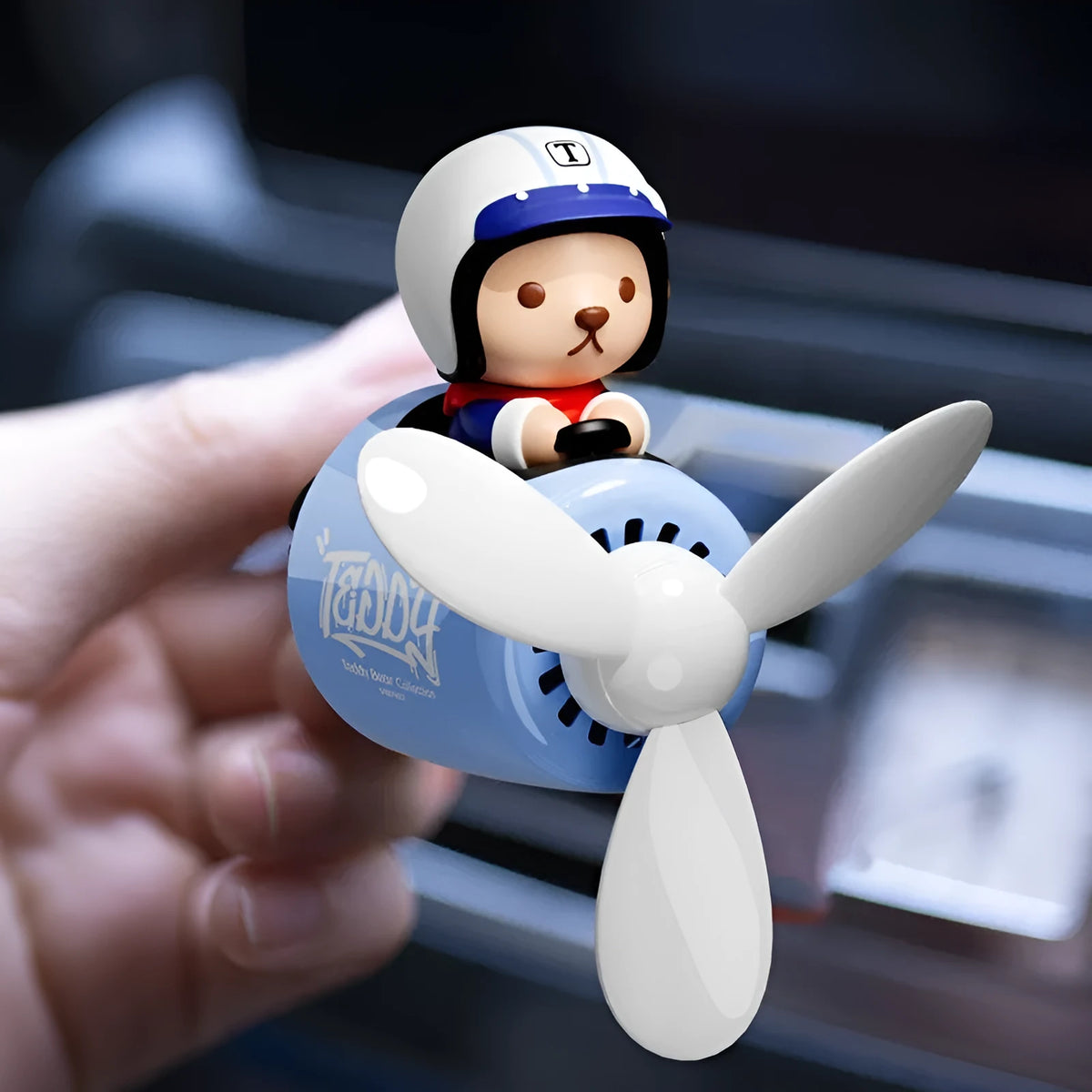 Blue fabric teddy bear car aromatherapy ornament with plastic perfume holder