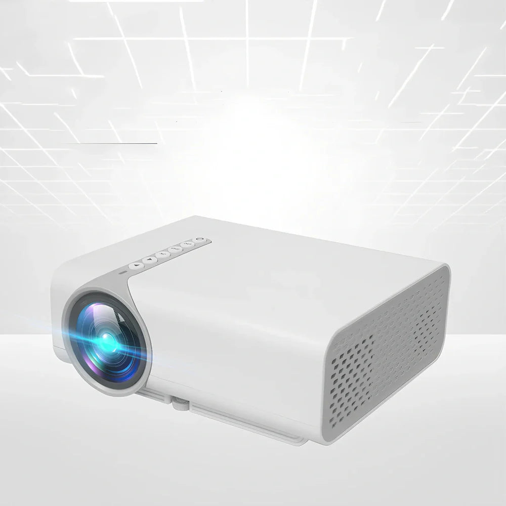 White portable home projector with remote control displaying 1024*600 resolution image