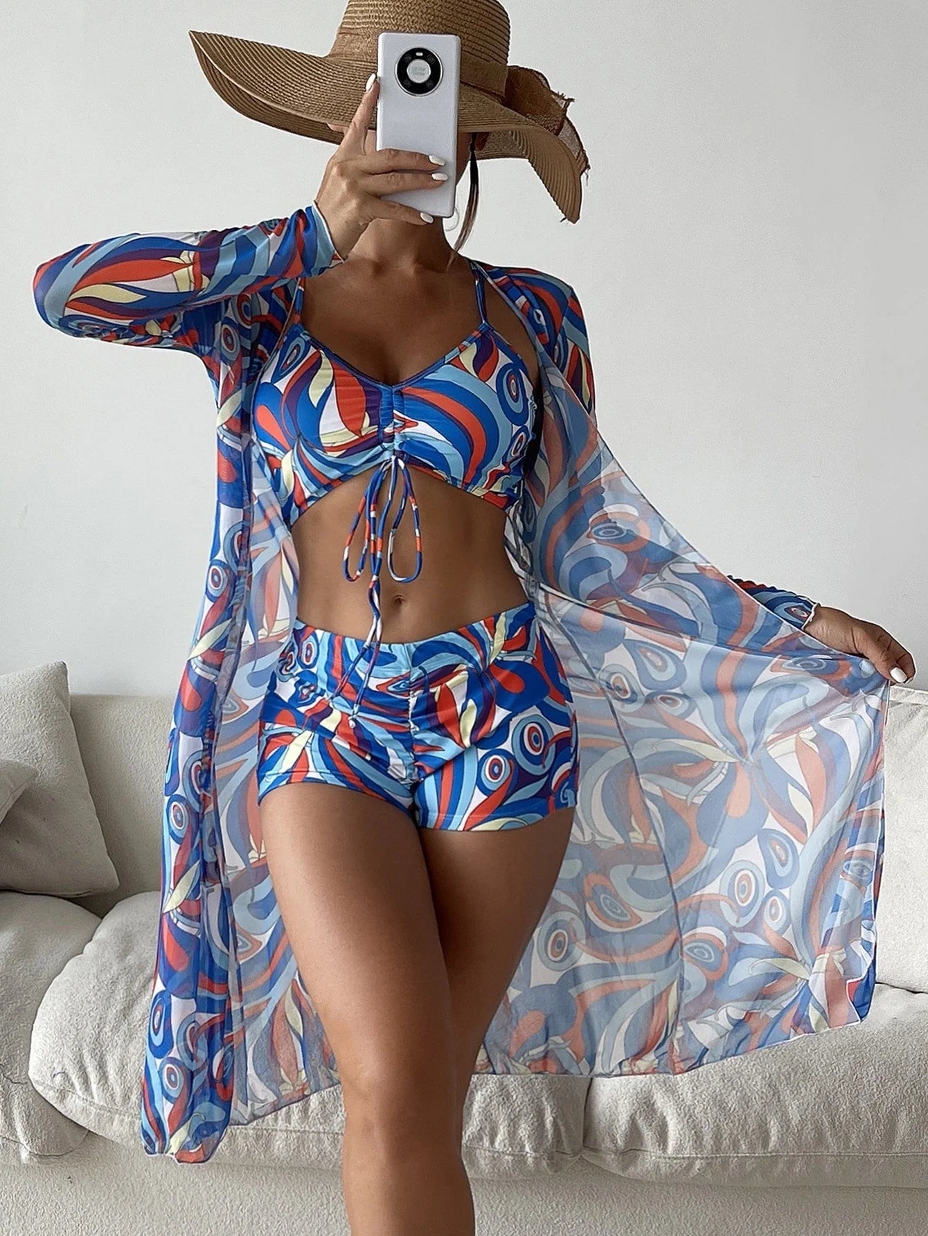 3-piece Pring bikini set with long sleeve cardigan in floral pattern