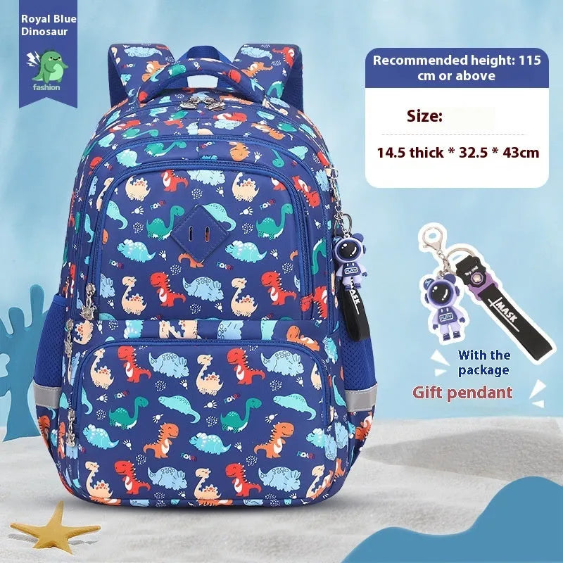 Blue children's school backpack with dinosaur pattern, showing curved shoulder straps and front pocket.