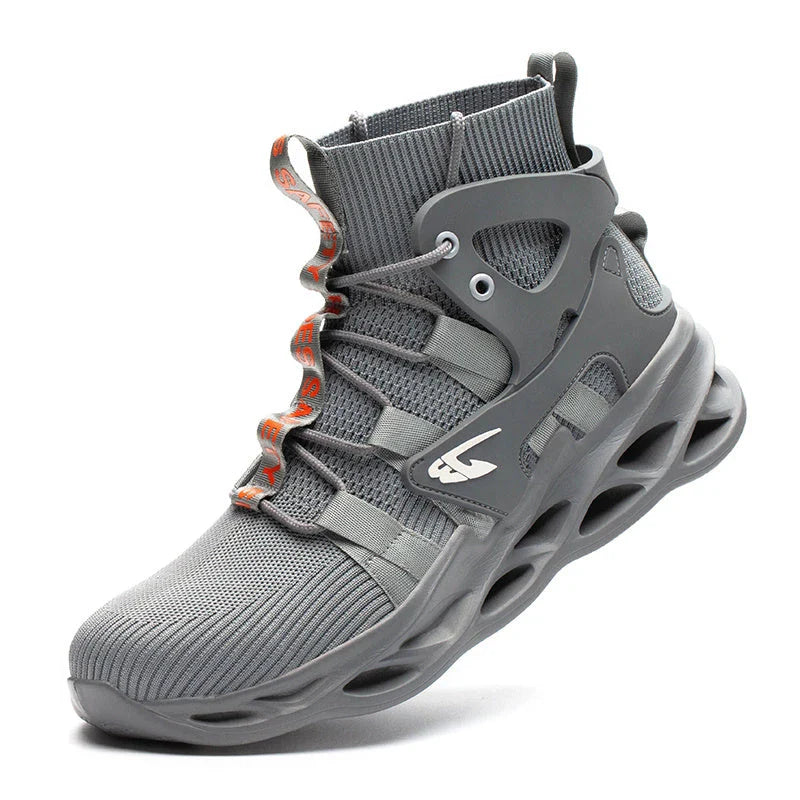 Durable steel-toe work boots with breathable mesh and leather uppers, shock-absorbing midsole, and puncture-resistant outsole