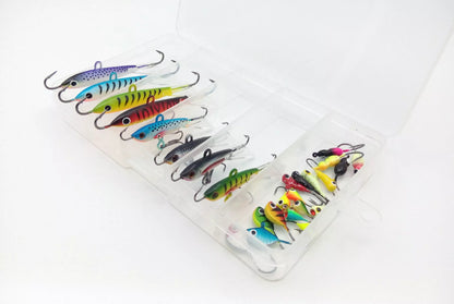 Set of 26 mini lead fish hooks for winter ice fishing, various sizes