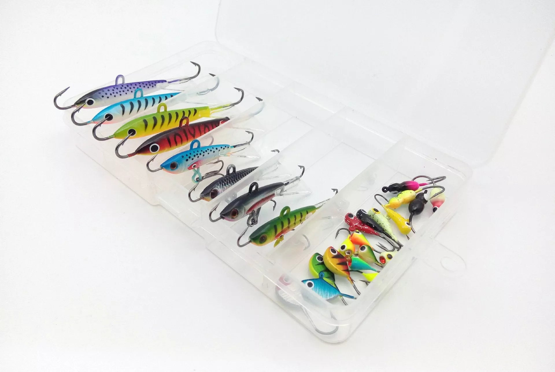 Set of 26 mini lead fish hooks for winter ice fishing, various sizes