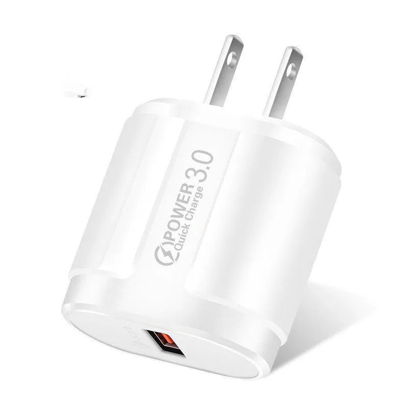 White and black USB mobile phone chargers with compact rectangular ABS plastic housings