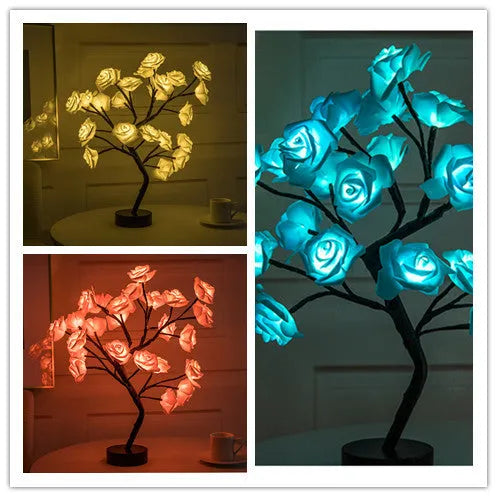 White and red rose flower LED lamp on a table with bonsai tree shape and warm white glow.