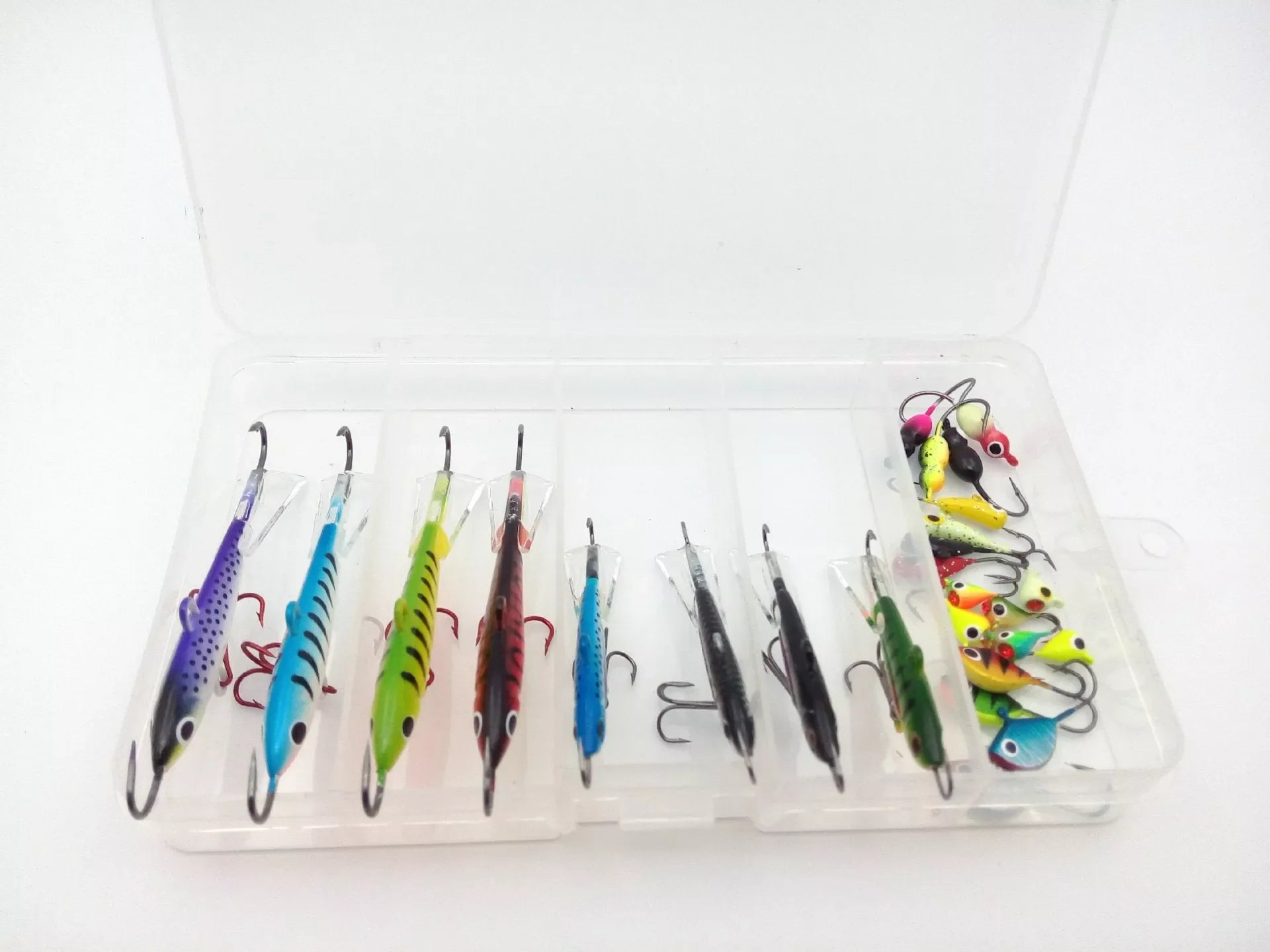 Set of 26 mini lead fish hooks for winter ice fishing, various sizes