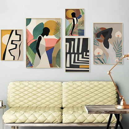 Frameless abstract canvas painting of African women with flower and leaf patterns, spray-painted oil on rectangular canvas, sizes up to 60x100cm