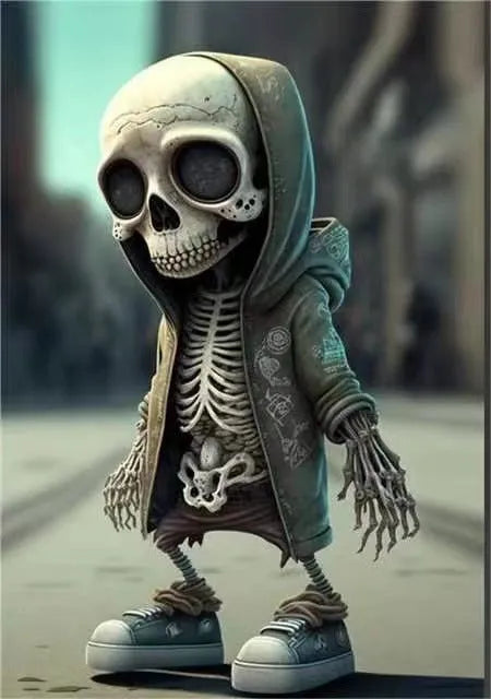 Resin skeleton figurine ornament measuring 15cm tall with detailed sculptural elements
