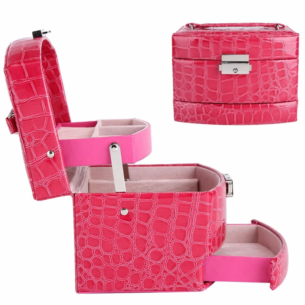 3-layer leather jewellery and makeup storage box with mirror, available in five colours