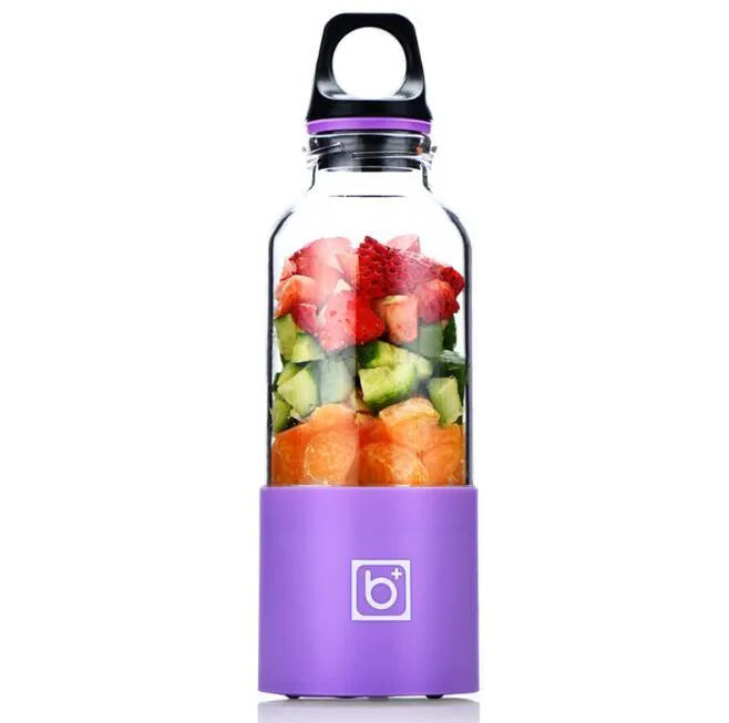 Bingo portable electric juice cup in blue, a 500ml USB rechargeable mini blender with a clear food-grade PC cup and stainless steel blade.