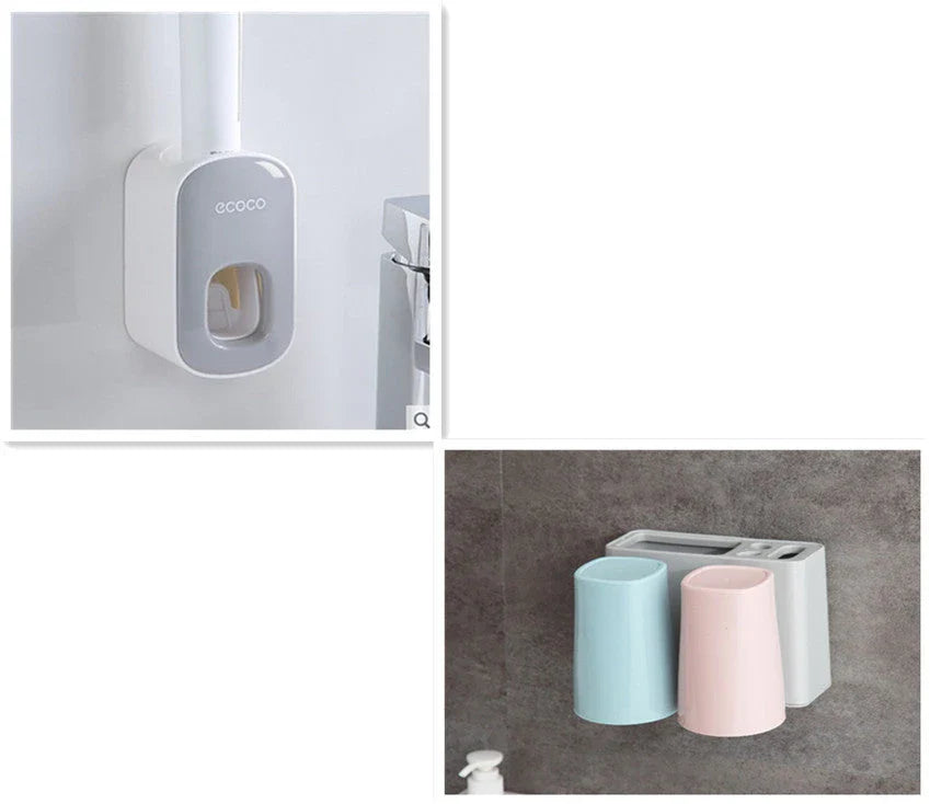 Wall-mounted automatic toothbrush holder with toothpaste dispenser and mouthwash cup for organized bathroom storage
