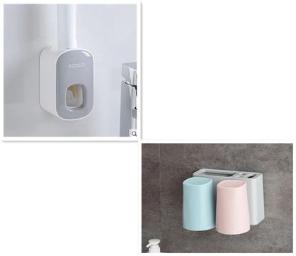 Wall-mounted automatic toothbrush holder with toothpaste dispenser and mouthwash cup for organized bathroom storage