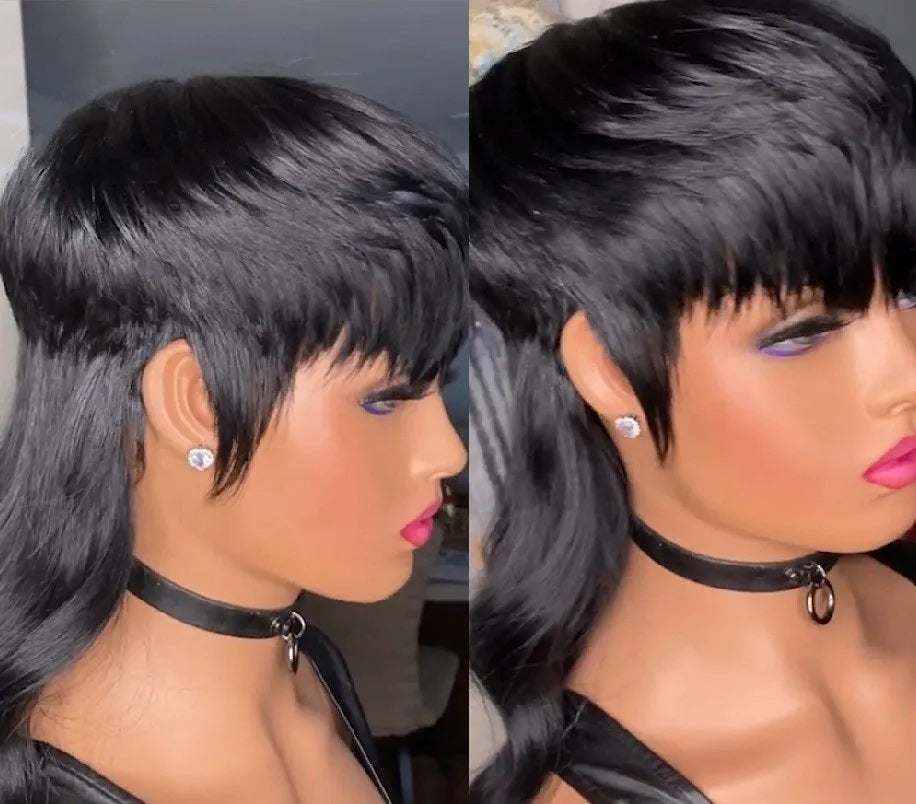 Black long synthetic Brazilian wig with short front bangs and wavy texture.