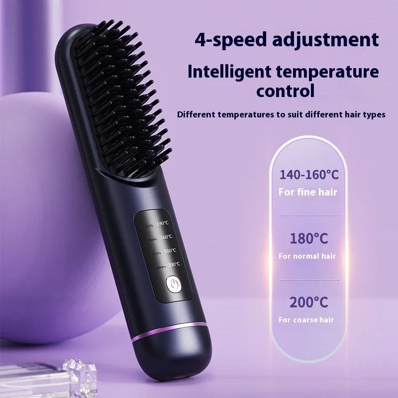White portable negative ion hair comb showing USB charging port and adjustable length mechanism from 15cm to 20cm