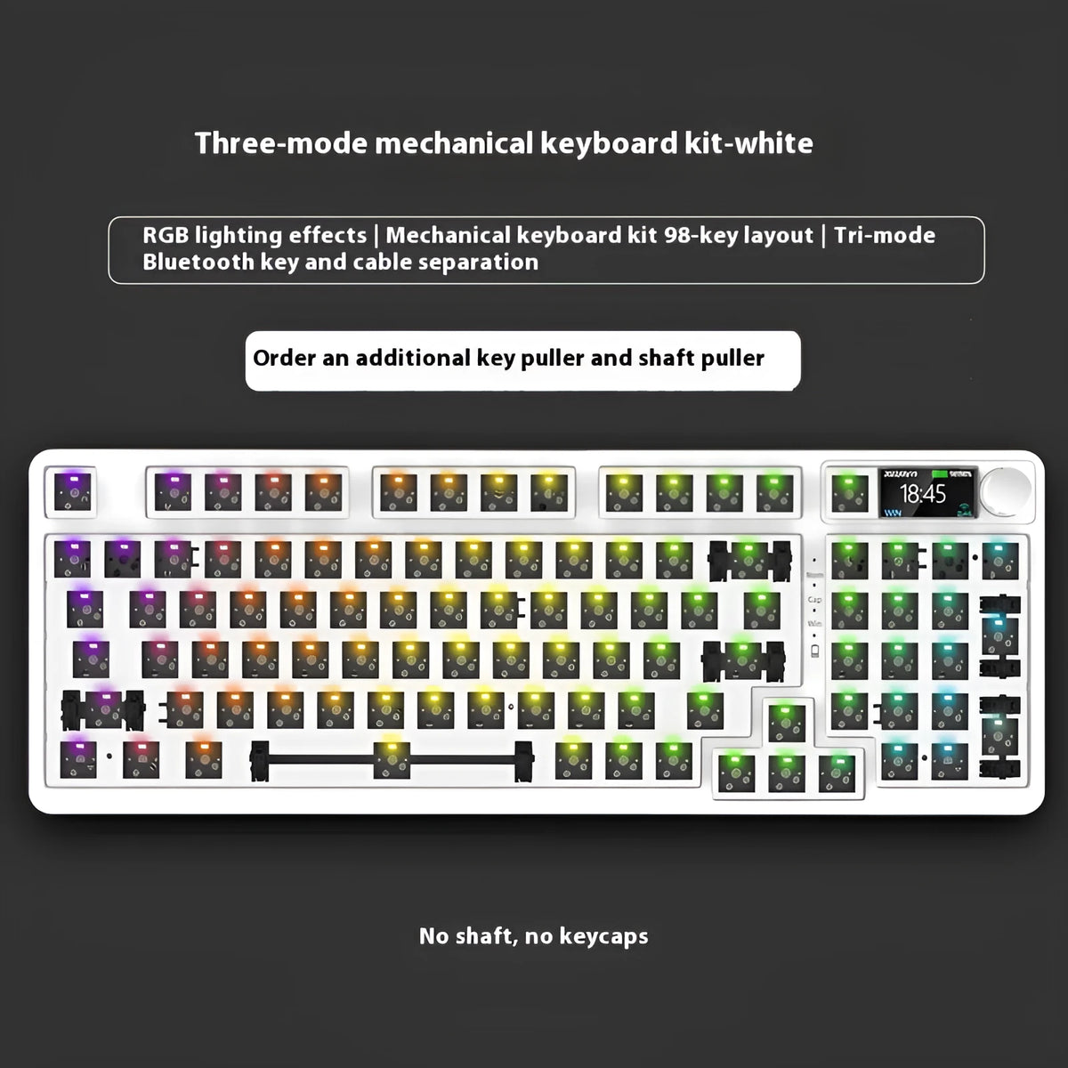 98-key wireless mechanical keyboard kit in black or white with optional LED screen and metal knob
