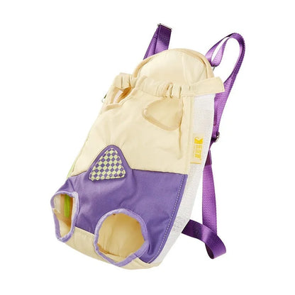 Soft-shell portable cat carrier backpack in purple, orange, and blue colour options