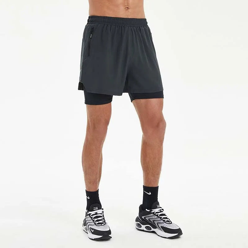 Men's black quick-dry running shorts with built-in liner for summer fitness