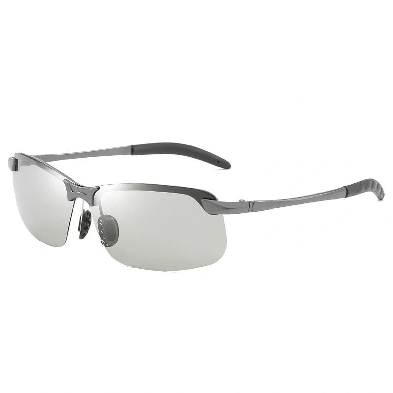 Men's driving glasses with colour-changing polarised lenses and lightweight alloy frames