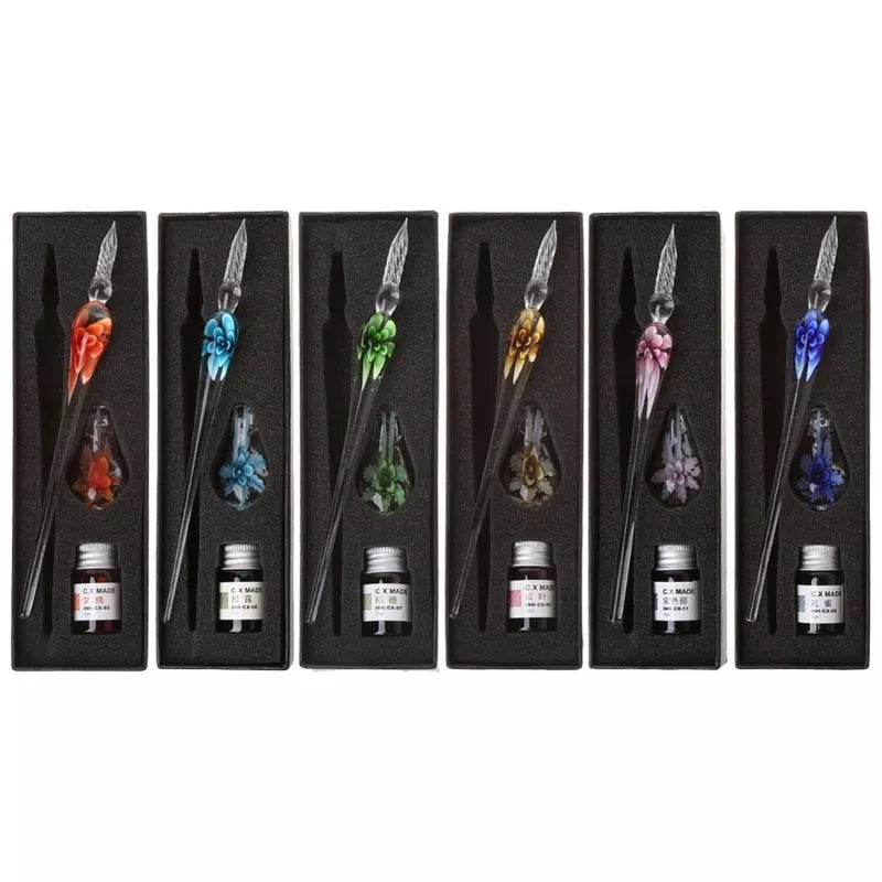 Crystal Flower Glass Dip Pen Set with floral patterns and borosilicate glass construction
