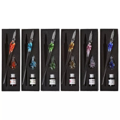Crystal Flower Glass Dip Pen Set with floral patterns and borosilicate glass construction