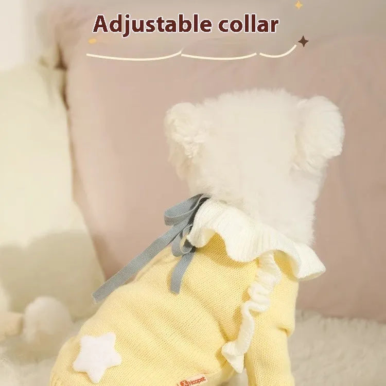 Yellow acrylic knit dog sweater on a small dog, showing casual style and fit.