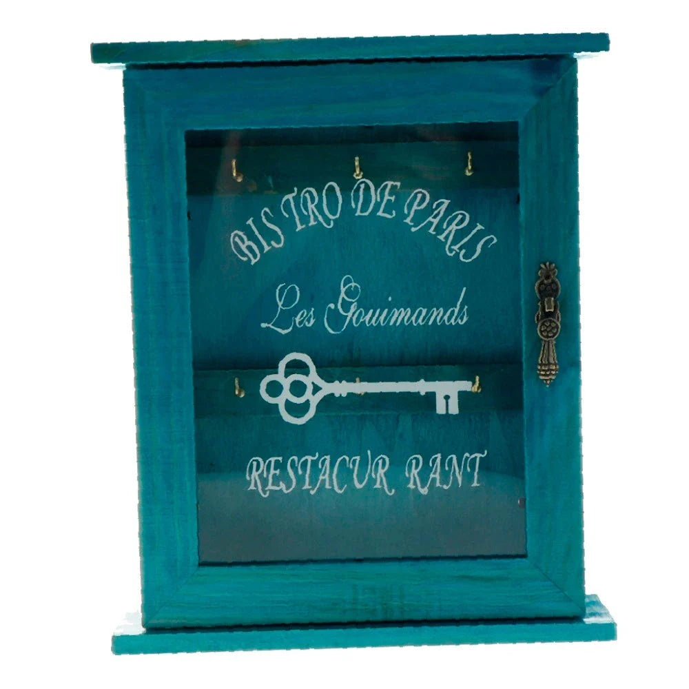 Vintage-style wooden key cabinet with 6 hanging hooks, available in blue and bronze colours