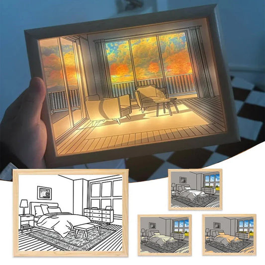Illuminated picture frame with LED lights creating a mesmerizing display of art and ambiance
