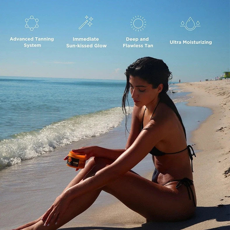 Sun-free tanning gel cream in 150g container with brown and orange colour options