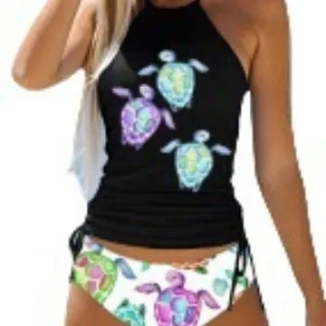Conservative European and American women's colourful split pattern swimsuit for swimming.