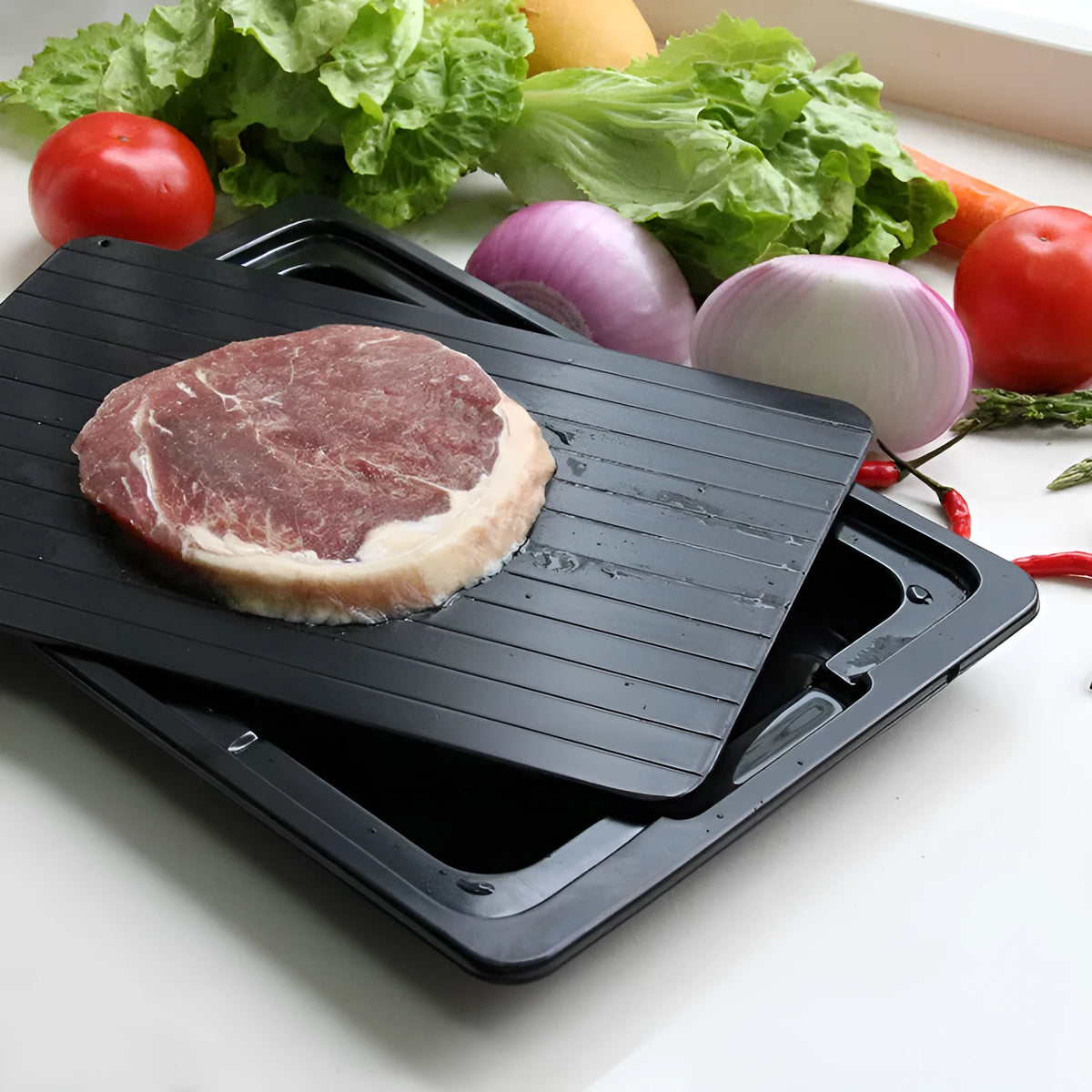 Quick defrost tray with drip tray, silicone and aluminium alloy thawing plate for frozen food