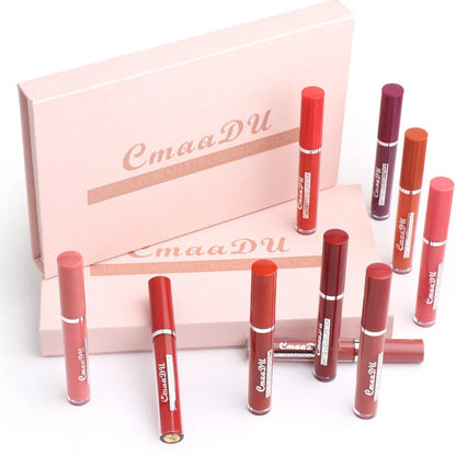 Set of 10 matte lipsticks with non-stick cup waterproof formula in packaging measuring 23.8cm