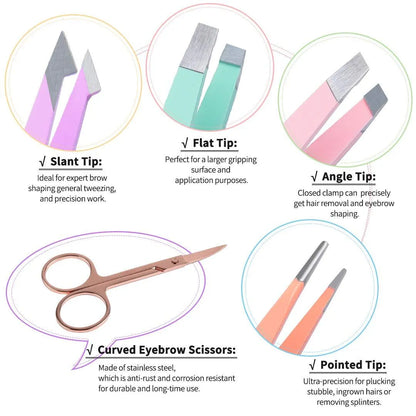 Professional stainless steel eyebrow tweezers set with scissors, brush, and leather case.