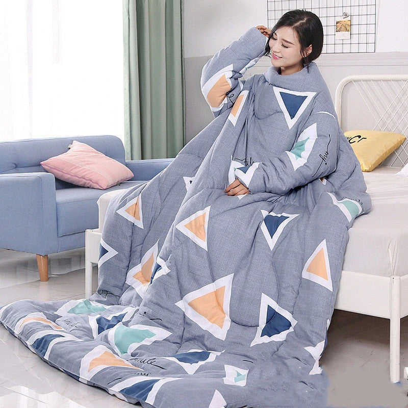 Cozy heated blanket with sleeves for comfortable lounging and hands-free relaxation