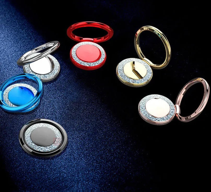 Bling glitter plating metal phone ring holder in silver colour, showing 360° rotation.