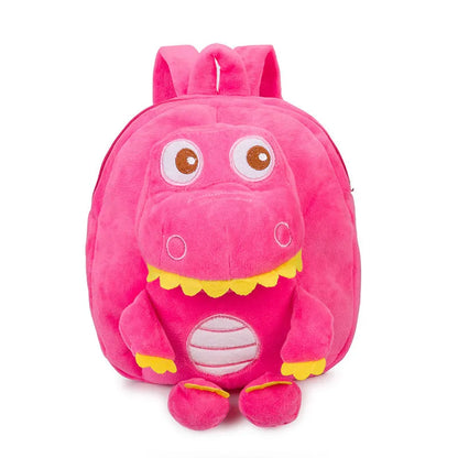 Soft blue plush children's backpack with an embroidered green dinosaur character and a soft handle.
