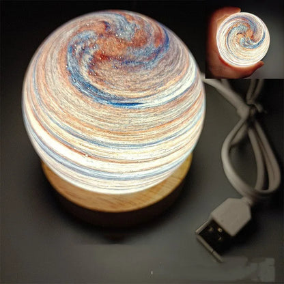 Planet night light with USB cable and base, showing 80mm model and three-colour dimming options
