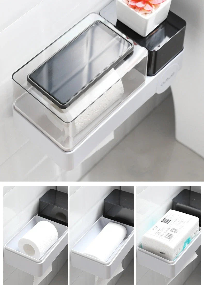 Waterproof tissue box with integrated toilet paper dispenser for convenient bathroom organization