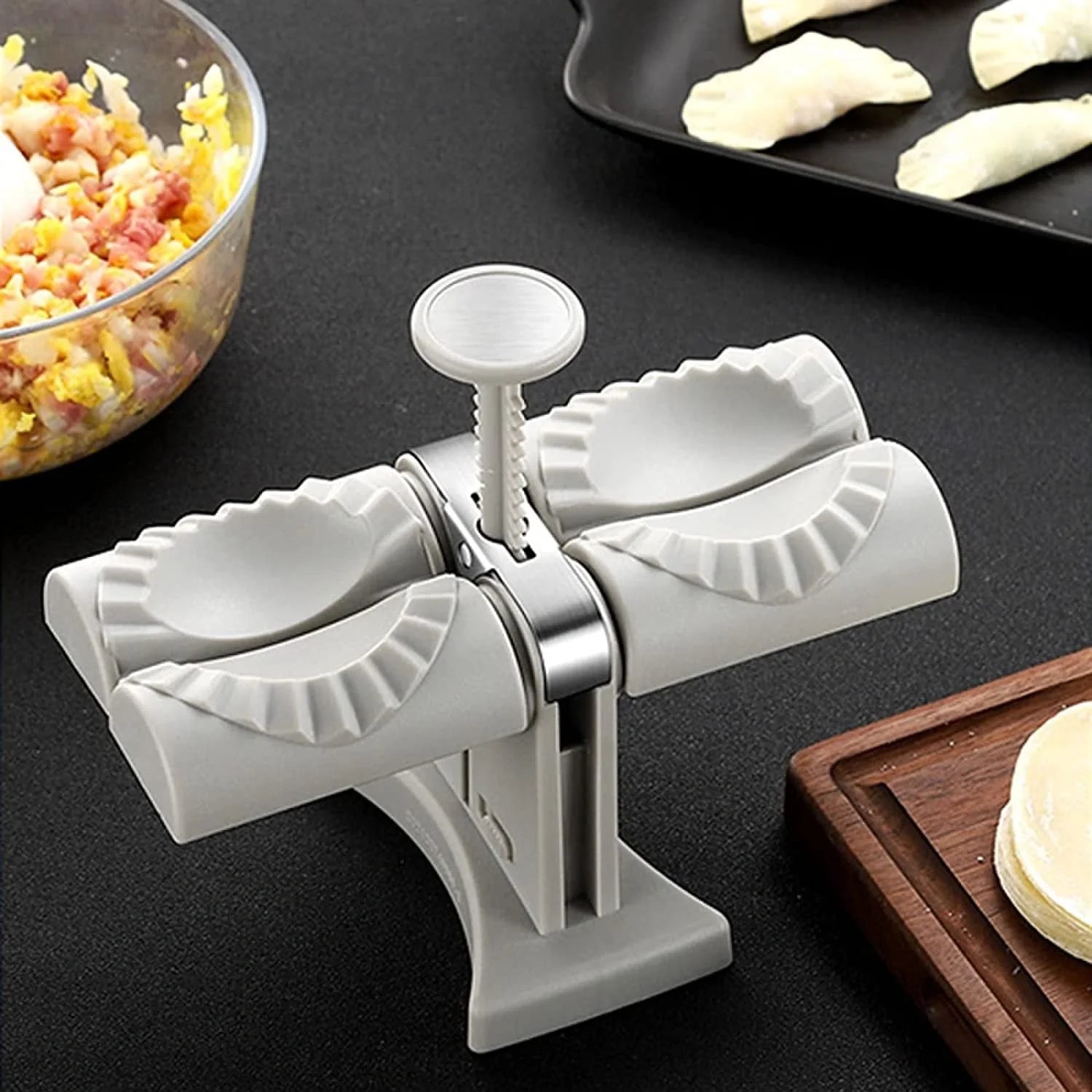 Double head dumpling mould with anti-slip base for efficient kitchen use