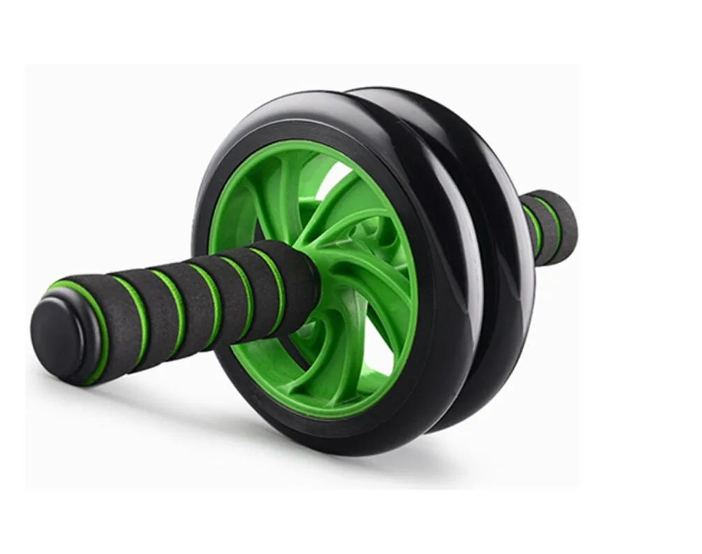 Dark blue double-wheel abdominal roller set with push-up support and palm guard, 16.5cm and 14.5cm rollers