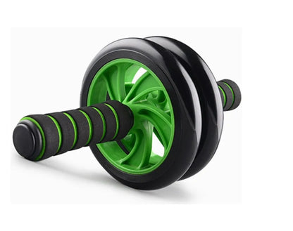 Dark blue double-wheel abdominal roller set with push-up support and palm guard, 16.5cm and 14.5cm rollers