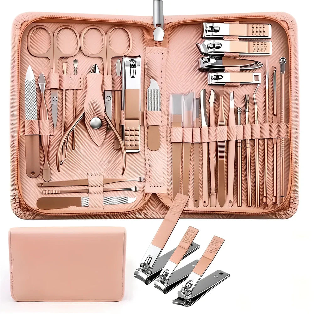 30-piece stainless steel nail beauty tool set showing five colour options with 260g weight