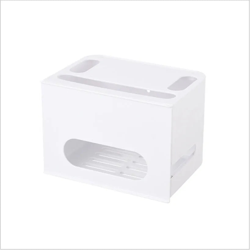 A grey and a white plastic storage box for organising a wireless router and its cables.
