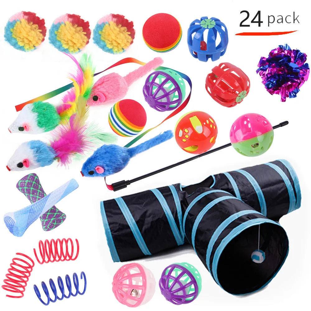 Plastic cat toy set with coloured tunnel channels and a ball for interactive indoor play.