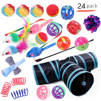 Plastic cat toy set with coloured tunnel channels and a ball for interactive indoor play.