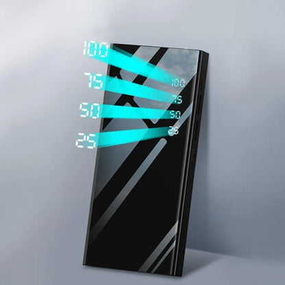 20000mAh power bank with LCD display showing battery percentage, measuring 140mm x 63mm x 22mm