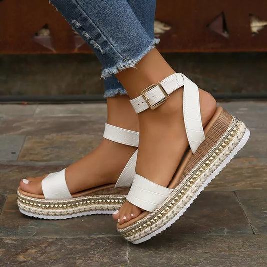 Women's summer sandals with buckle strap and hemp wedges in white, black, and apricot