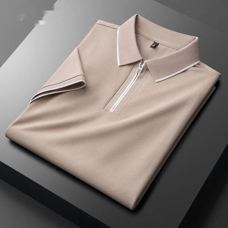 Men's slim fit lapel silk business casual short sleeve top in a cotton blend fabric.