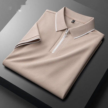 Men's slim fit lapel silk business casual short sleeve top in a cotton blend fabric.