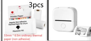 Compact Bluetooth-enabled thermal label printer in white, pink, and green colors with various label options