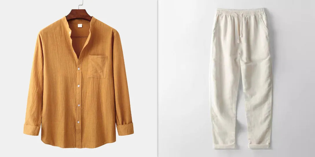 Men's brown cotton blend slim-fit long sleeve shirt and matching casual trousers coordinated set